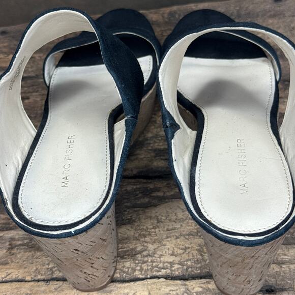 Marc Fisher Shelbee Navy Suede Cork Wedge Sandals Women’s 8.5M Leather Upper - Picture 7 of 9